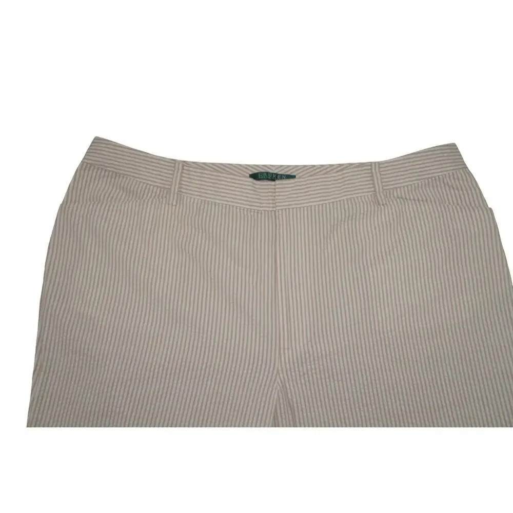 Ralph Lauren Seersucker Wide Leg Pants Women 16 Beige White Stripe Cotton